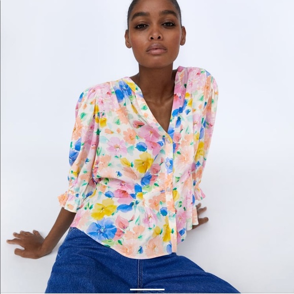 ZARA Printed Blouse with Jewel Button - Picture 2 of 7
